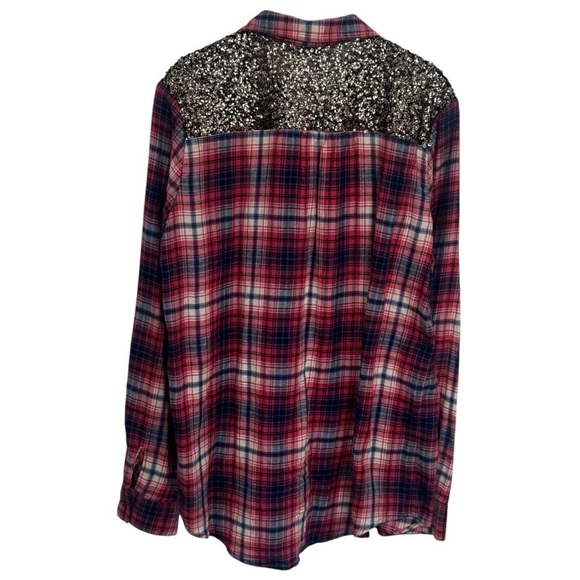 Express Boyfriend Red and Blue Sparkle Panel Plaid Long Sleeve Button Up Size M - Picture 5 of 11